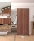 Concealed Sliding Barn Door Kit With Soft Close Hardware, 40x86 Inches, brown hidden door installed, shows top roller and floor guide