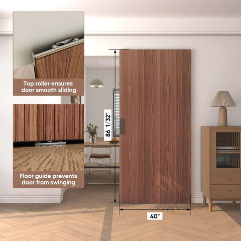 Concealed Sliding Barn Door Kit With Soft Close Hardware, 40x86 Inches, brown hidden door installed, shows top roller and floor guide