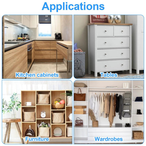 Straight Up Solid Cam Connectors And Lock Nuts For Cabinets Drawers And Wardrobes 12 Piece Zinc Alloy Furniture Hardware Kit displayed in kitchen cabinets, tables, furniture, and wardrobes.