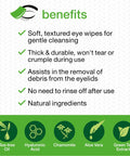 Opti-Soothe eyelid wipes front view: preservative-free, benefits infographic with natural ingredients icons