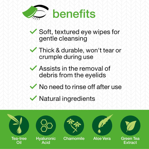 Opti-Soothe eyelid wipes front view: preservative-free, benefits infographic with natural ingredients icons