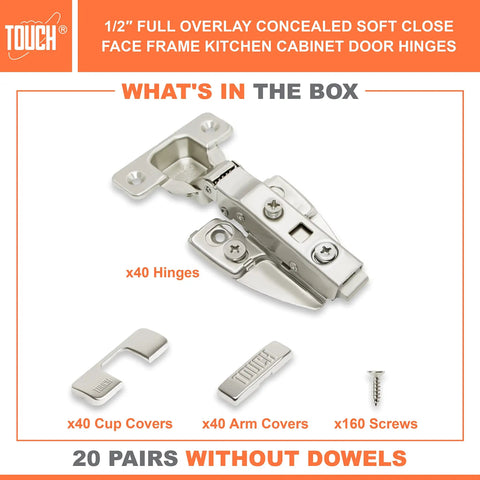 European Concealed Face Frame Cabinet Hinges Soft Close Clip-On With Screws One Half Inch Overlay 3D Adjustable For Kitchen Cabinets 20 Pairs 40 Pieces Built To Last Copper Damper Easy Install No Fuss Secure Attach, shown with components including hinges, cup covers, arm covers, and screws.