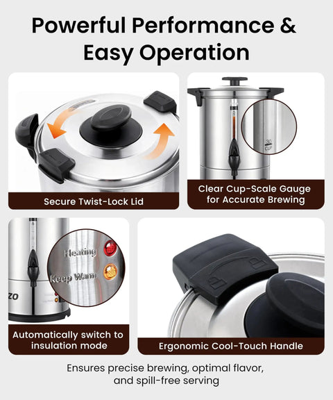 Close-up of 40-Cup Commercial Coffee Urn With Percolator showing twist-lock lid, cup-scale gauge, and cool-touch handle features.