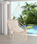 Macrame Swing Chair For Indoor Outdoor Living, Heavy Duty Hanging Porch Swing With Soft Cushions, Cotton Rope And Hardware Kits
