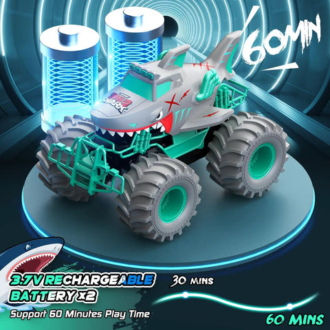 Waterproof Amphibious 1To16 Scale RC Car With 4WD Monster Truck, shark design, displayed with batteries and 60 min runtime
