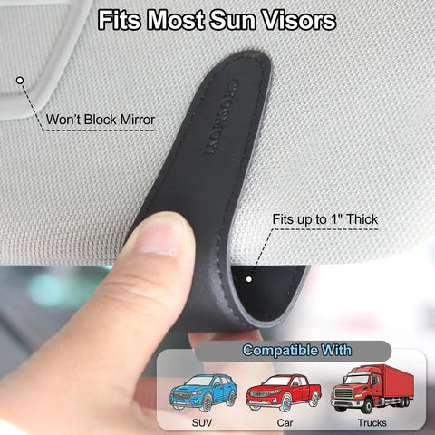 Slick Magnetic Leather Sunglass Holder For Cars That Snaps Right Onto Your Visor, fitting most sun visors, made of leather.