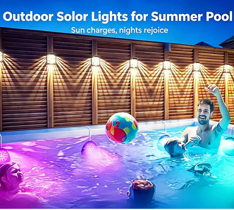 Eight Pack Solar Fence Lights With Dusk To Dawn Auto On by poolside, colorful RGB lights illuminating water, creating vibrant atmosphere.