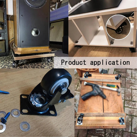 Heavy Duty Furniture Castor Wheels With Dual Locking Spinners And Smooth Polyurethane Tread Four Pack Universal Swivel Caster Plates applied under furniture.