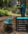 Person using Cordless Brushless Garden Tiller Cultivator No Cord Hassle 10-Inch Wide 7-Inch Deep Electric Soil Rototiller in garden