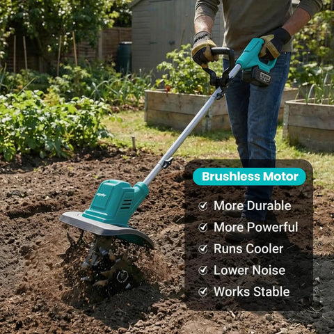 Person using Cordless Brushless Garden Tiller Cultivator No Cord Hassle 10-Inch Wide 7-Inch Deep Electric Soil Rototiller in garden