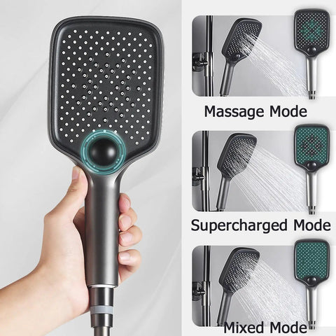 CUTPOIY Thermostatic Shower System Digital Display featuring a handheld showerhead with multiple spray modes and ergonomic design.