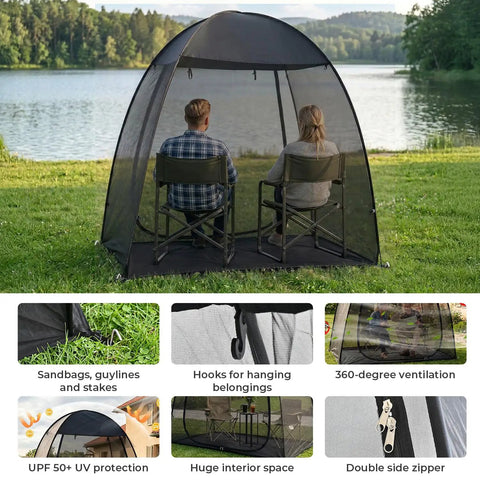 Pop Up Screen Tent 6x6 Feet Black Mesh Gazebo With Peaked Roof in use by two people by a lake