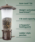 Squirrel Be Gone Max Bird Feeder With Four Flexport Feeding Stations No Fuss Weight Activated Squirrel Proof Metal Hanging Feeder For Outdoors With Ladder Style Perches And Four Pound Seed Capacity