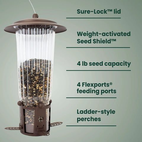 Squirrel Be Gone Max Bird Feeder With Four Flexport Feeding Stations No Fuss Weight Activated Squirrel Proof Metal Hanging Feeder For Outdoors With Ladder Style Perches And Four Pound Seed Capacity