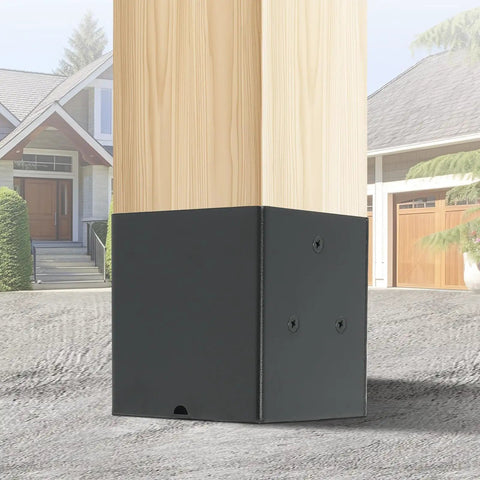 Beefy 4x4 Concrete Post Anchor Set For Wet Foundations Tough As Nails Post Base, installed on wooden post outdoors.