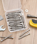 Top Quality 304 Stainless Steel Hex Lag Screws One Quarter Inch By Two Point Five Inches Tough As Nails Rust Resistant Wood Fasteners For Outdoor Decks And Flower Stands Twenty Five Count in a clear container with washers and tools.