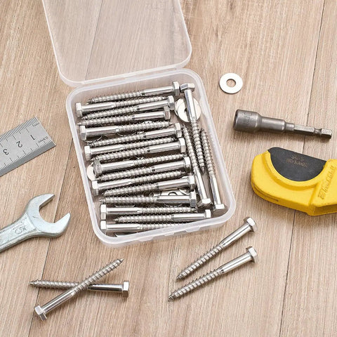 Top Quality 304 Stainless Steel Hex Lag Screws One Quarter Inch By Two Point Five Inches Tough As Nails Rust Resistant Wood Fasteners For Outdoor Decks And Flower Stands Twenty Five Count in a clear container with washers and tools.