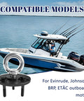 Outboard Engine Lifter Ring Tool With Adapter And Ring For Evinrude Johnson BRP ETEC Outboard Motors next to a boat on water.