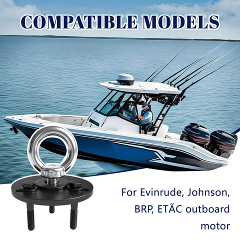 Outboard Engine Lifter Ring Tool With Adapter And Ring For Evinrude Johnson BRP ETEC Outboard Motors next to a boat on water.