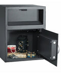 Drop Safe For Cash Drops With Digital Keypad And Two Manual Override Keys Wall Or Floor Mounted Electronic Safe Deposit Box open with items
