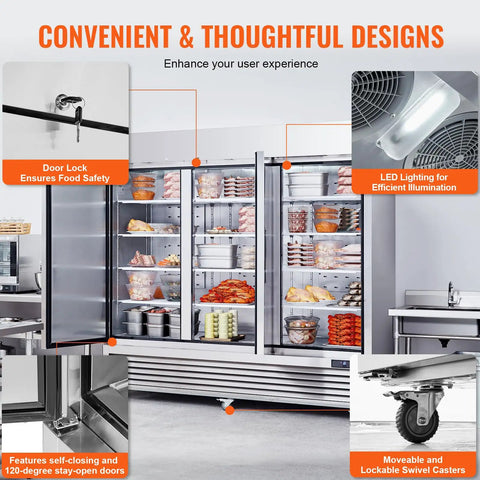 Pro Grade 60 Cu Ft Commercial Reach In Freezer Built Like A Tank With Three Door Setup showing LED lights, door lock, and swivel casters.