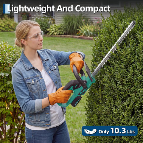 Woman using Pro Grade Cordless Hedge Trimmer With 22 Inch Dual Action Blades Brushless Motor to trim hedge