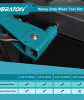 Heavy Duty Pop Rivet Gun Set With Aluminum Hand Riveter showing interchangeable heads and compatibility chart