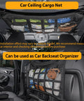 Car interior showing overhead vehicle cargo net with three pockets 31.5 x 21.6 inch roof storage mesh organizer packed with items.