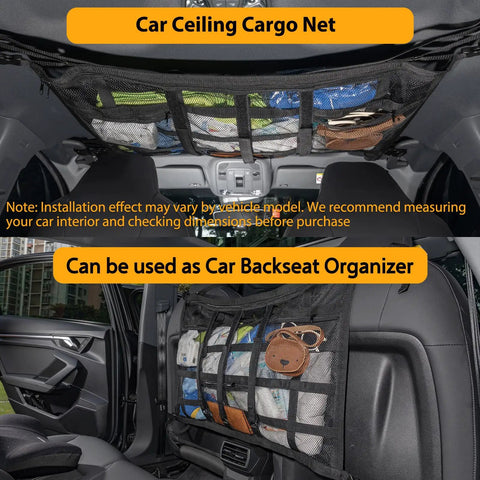 Car interior showing overhead vehicle cargo net with three pockets 31.5 x 21.6 inch roof storage mesh organizer packed with items.