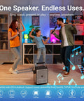 People enjoying using the All In One 150W Karaoke Machine With Dual Wireless Mics Portable Party PA System And Voice Amplifier Bluetooth Speaker.