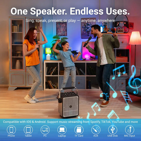 People enjoying using the All In One 150W Karaoke Machine With Dual Wireless Mics Portable Party PA System And Voice Amplifier Bluetooth Speaker.