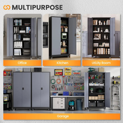 Heavy Duty Rolling Metal Garage Cabinet With Lock, Tall Tool Cabinet on Wheels in office, kitchen, utility room, garage setups