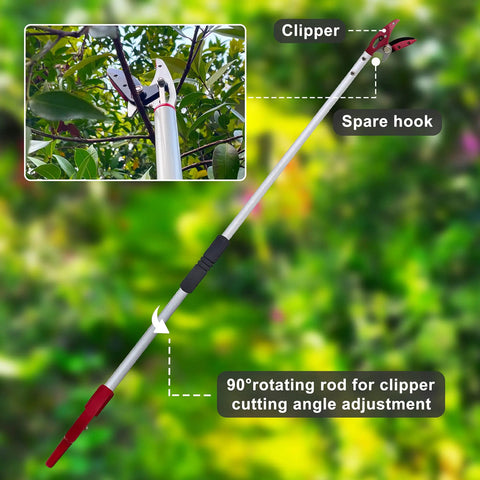 4 Foot Aluminum Pole Pruner With Long Reach Pruning Shears Cut And Hold Garden Clippers Lightweight Yet Durable No Bend Needed Tree Trimmer shown extended with clippers attached