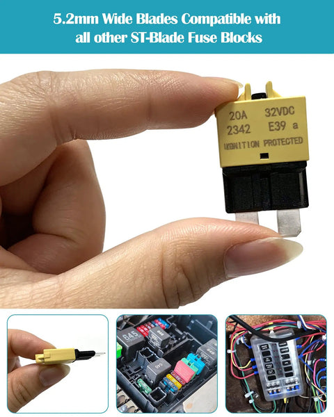 Plug And Play Manual Reset Fuse Block Kit With 3A 5A 7A 10A 15A 20A 25A 30A Blade Fuses In A 32V DC Assortment For Boats, Trucks, SUVs And Motorcycles With Marine Grade Protection And Quick Reset, 32VDC 20A blade fuse held by hand