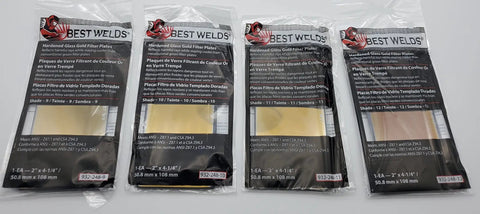 Hardened Gold Replacement Welding Lens For 2 X 4-1/4 Inch Welding Helmets, Advanced Passive Filter Plate packs on display.