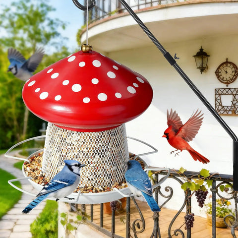 Heavy Duty Metal Mushroom Bird Feeder For Outdoor Hanging In The Garden Or Yard, Cute Red Bird Feeder That Attracts More Birds