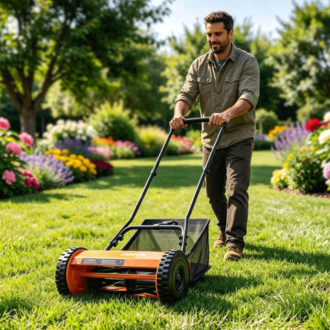 Effortless 14-Inch 5-Blade Push Reel Lawn Mower For Small Yards, Manual Walk-Behind With 5-Position Height Adjustment, Alloy Steel Blades, Quiet Lightweight, Motorless Design For Clean, No-Fuss Cuts, used on a small garden lawn