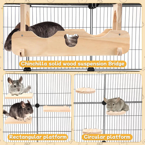 Premium Solid Pine Wood Chinchilla Suspension Bridge and Climbing Ledges with chinchillas on platforms inside cage.