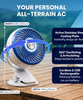 Blue Steel Portable Desk Fan With 360 Degree Oscillation, Dope Active Cooling Technology And Cooling Plate, cordless USB powered