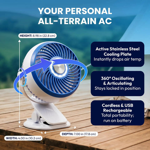Blue Steel Portable Desk Fan With 360 Degree Oscillation, Dope Active Cooling Technology And Cooling Plate, cordless USB powered