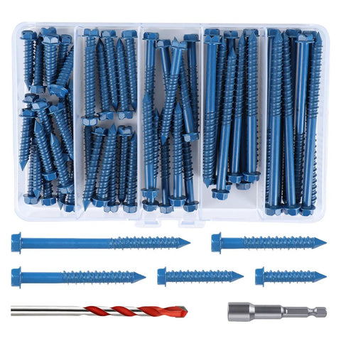 60 Pcs Blue One Quarter Inch Hex Washer Head Concrete Screws Anchor Kit For Masonry Cement Block Brick Or Stucco Diy Friendly Fasteners in box