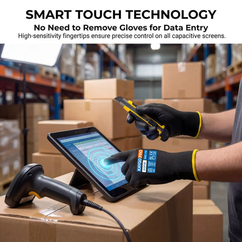 12 Pairs PU Coated Cut Resistant Work Gloves With Tough As Nails Grip For Warehouse Woodworking And Construction Men And Women Full Finger Touchscreen Compatibility ANSI A1 Protection in use with touchscreen tablet and cutter