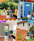Hand holding Pro Grade 700W Paint Sprayer With 6 Copper Nozzles And 3 Spray Patterns HVLP for DIY projects on craft, door, wall, deck.