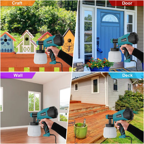 Hand holding Pro Grade 700W Paint Sprayer With 6 Copper Nozzles And 3 Spray Patterns HVLP for DIY projects on craft, door, wall, deck.