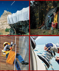 Collage showing rope use: covered wagon, camping tent, climbing worker, and sailor with Heavy Duty 3/8 Inch 200 Ft Double Braid Polyester Rope.