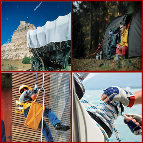 Collage showing rope use: covered wagon, camping tent, climbing worker, and sailor with Heavy Duty 3/8 Inch 200 Ft Double Braid Polyester Rope.