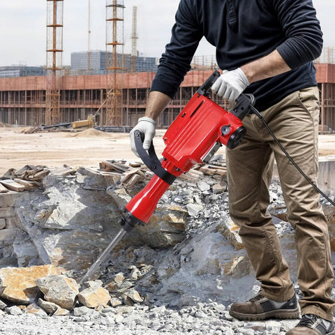 Worker using 2200W Corded Electric Demolition Jack Hammer Drill Heavy Duty Concrete Breaker Kit for masonry work