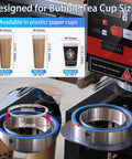 Fully Automatic Electric Cup Sealer With LCD Control Panel, showing 90mm and 95mm ring fittings for bubble tea and coffee cups.