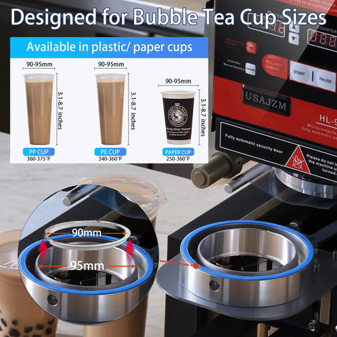 Fully Automatic Electric Cup Sealer With LCD Control Panel, showing 90mm and 95mm ring fittings for bubble tea and coffee cups.