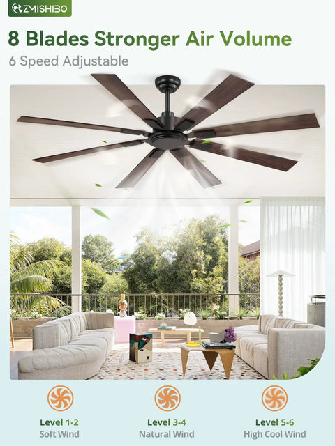 65 Inch Outdoor Ceiling Fan With Remote No Light Damp Rated Black Modern Design 6 Speed Reversible DC Motor installed on patio